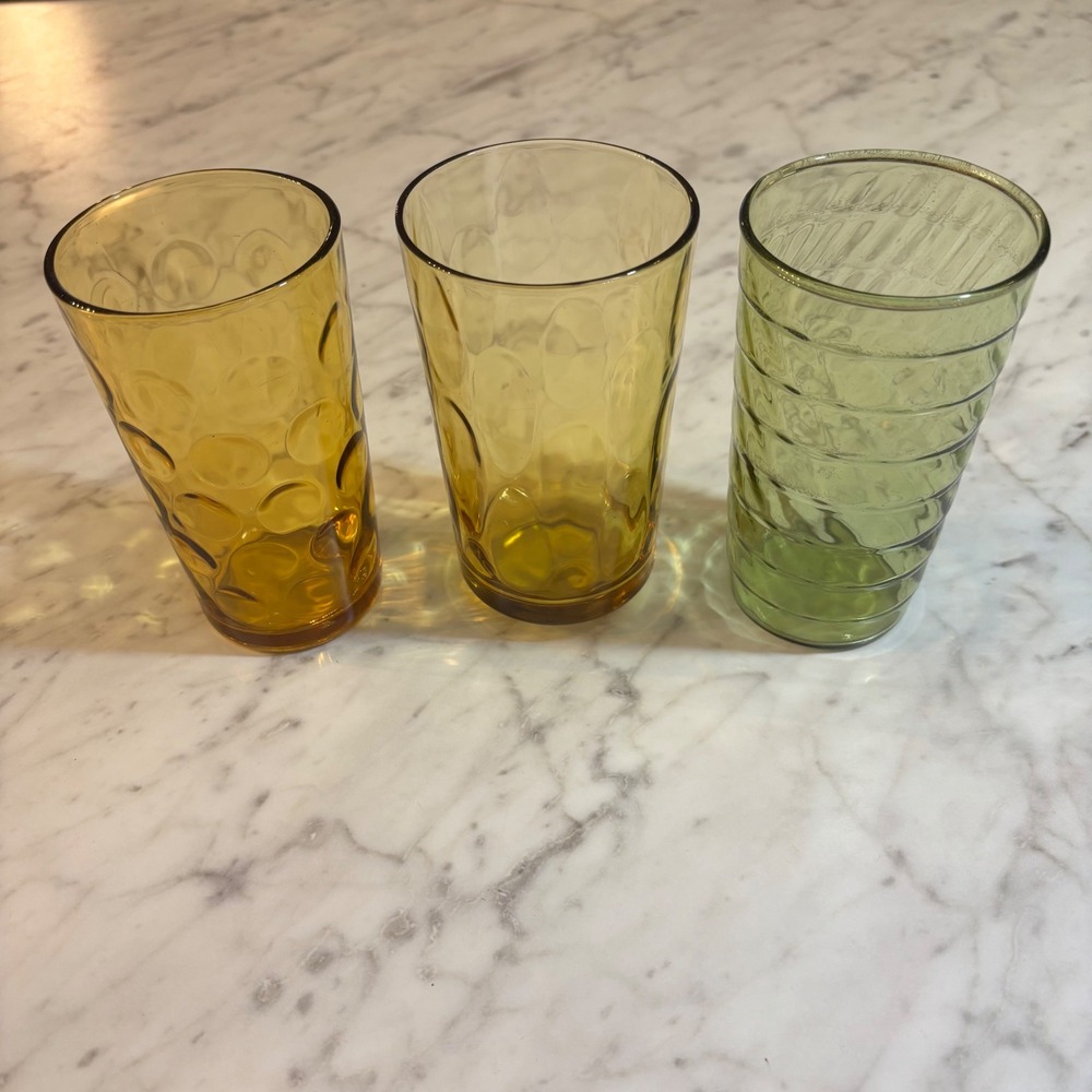 Vintage MCM Amber Thumbprint and Green Spiral Glass Tumblers Set of 3 Retro